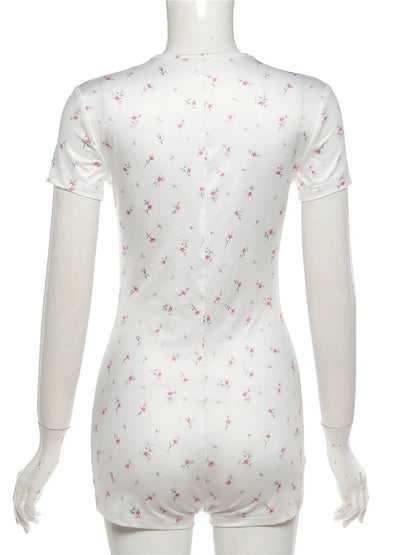 Weird Puss Floral Print Playsuit Women Casuals Simple Lace Patchwork Single-Breasted V-Neck Trend Chic Skinny Sporty Streetwear