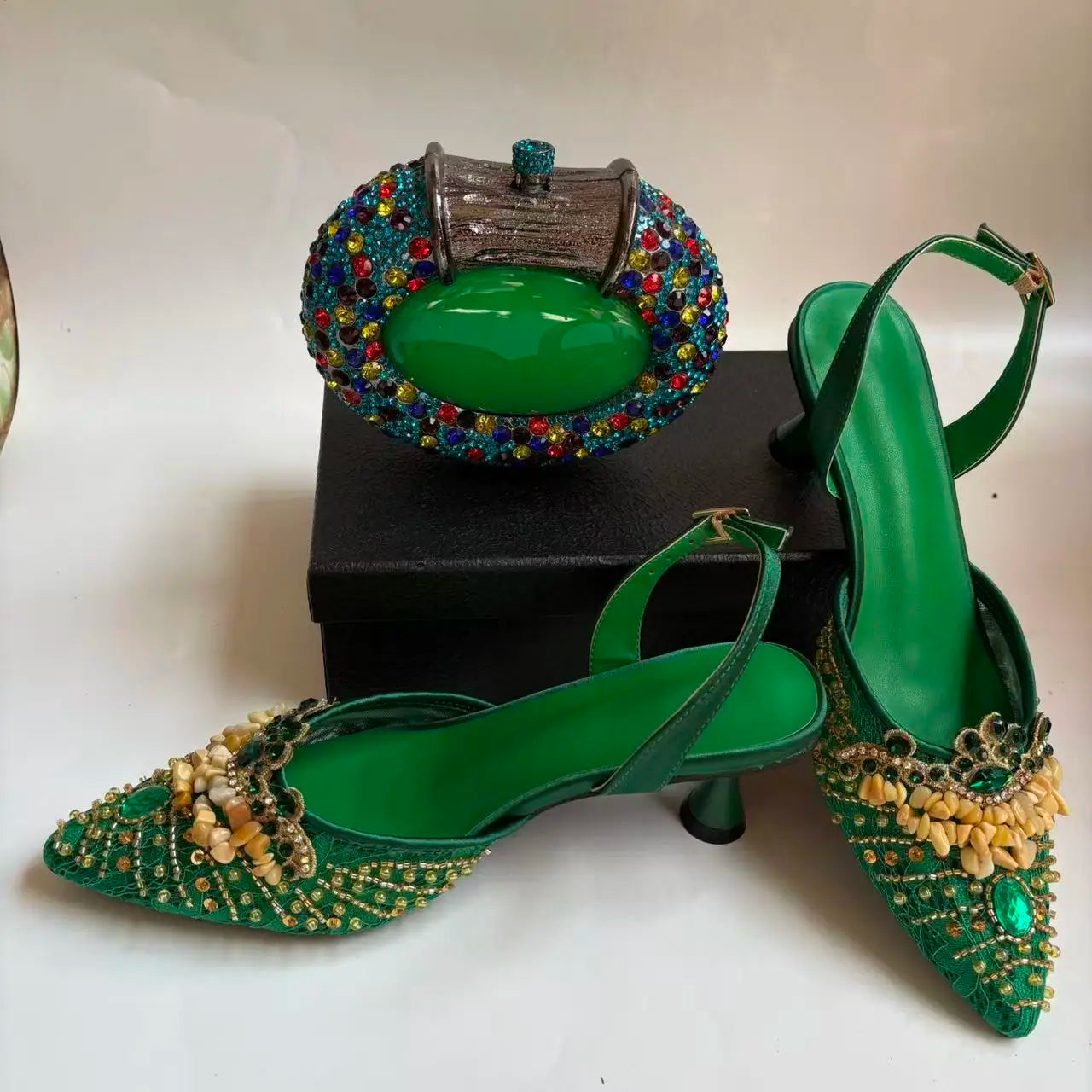 Insightlink Green Crystal High Heel with Bag Set for Bridal Wedding Party Designer Pointed Toe and Clutch Luxury Sandal Handbag