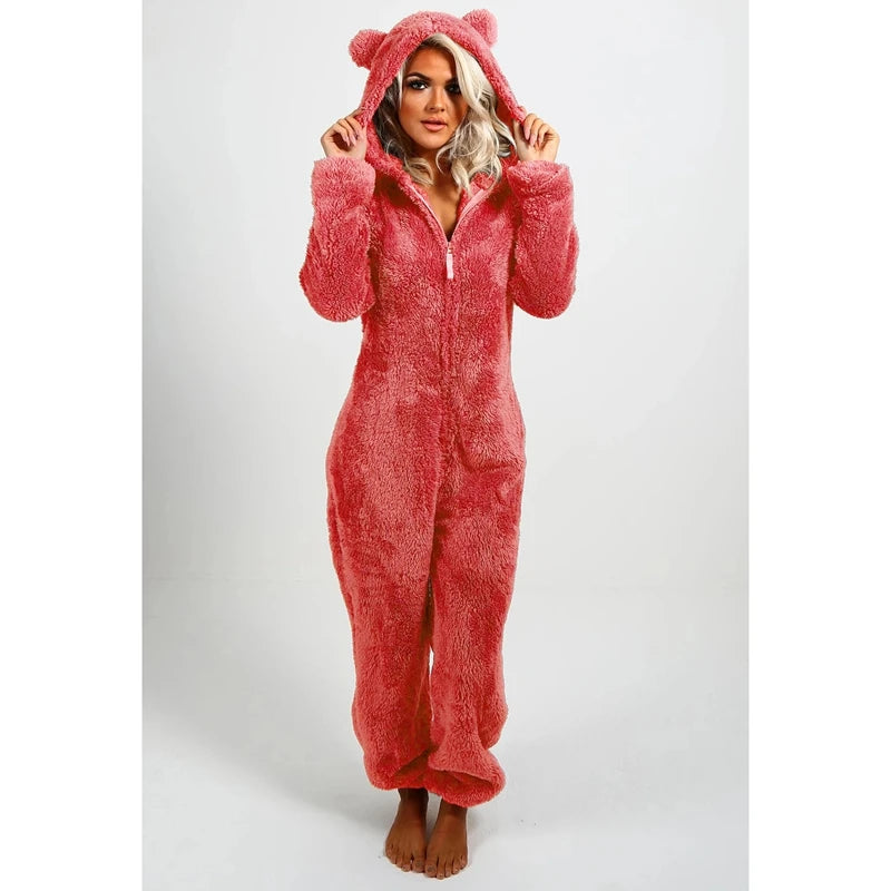 Women's Fleece Oneseies Zip Up Hooded Pajamas Rompers Cozy Sleepwear Pyjamas Autumn Winter Warm Loungewear Jumpsuit