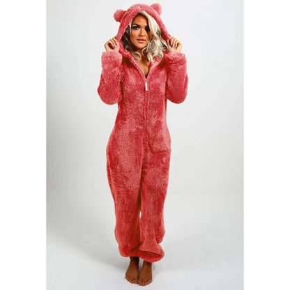 Women's Fleece Oneseies Zip Up Hooded Pajamas Rompers Cozy Sleepwear Pyjamas Autumn Winter Warm Loungewear Jumpsuit