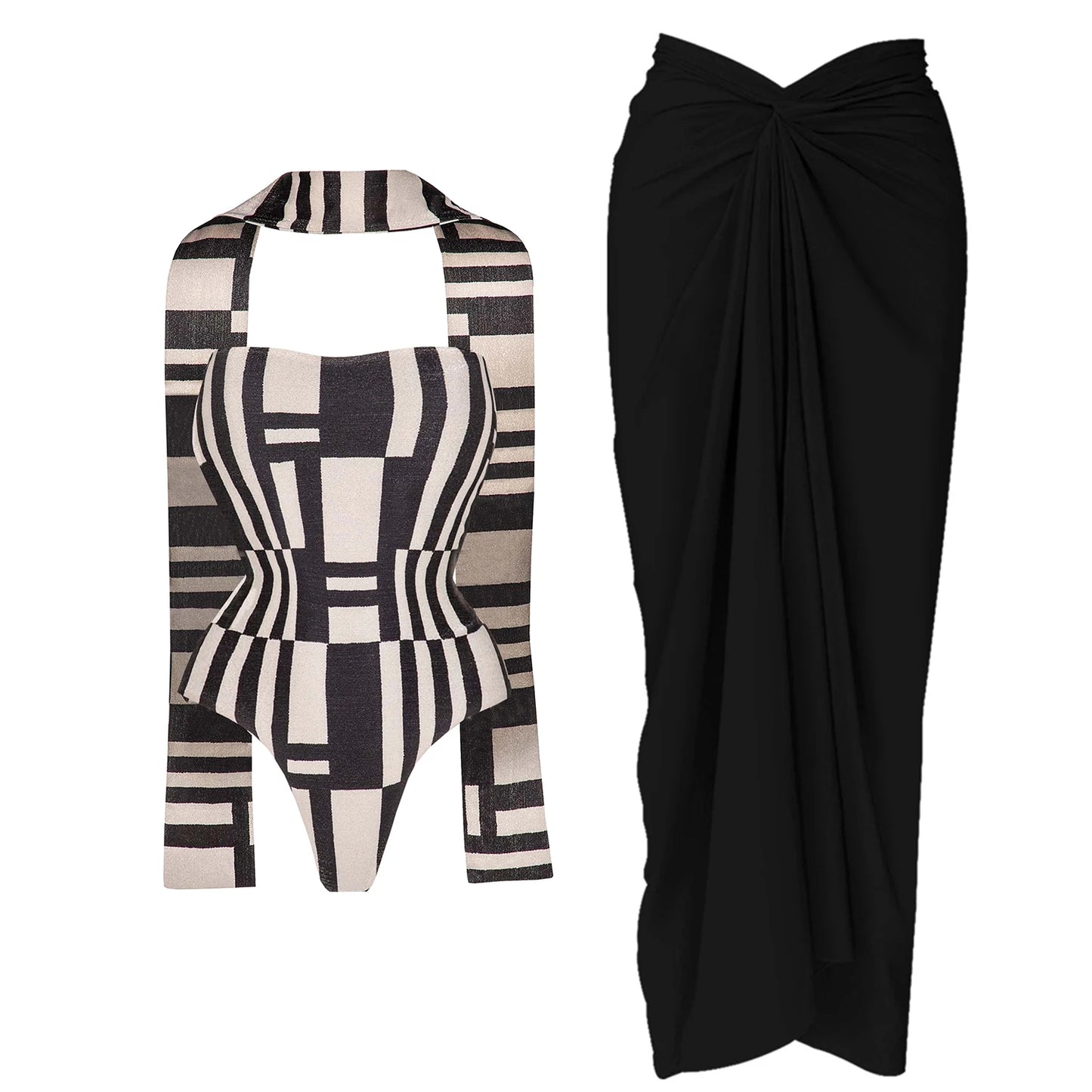 2Pcs Black White Swimsuit 2026 Bandeau Biquini Women Sexy Bikini Push Up Swimwear Female Patchwork Dress Bathing Suits Beachwear