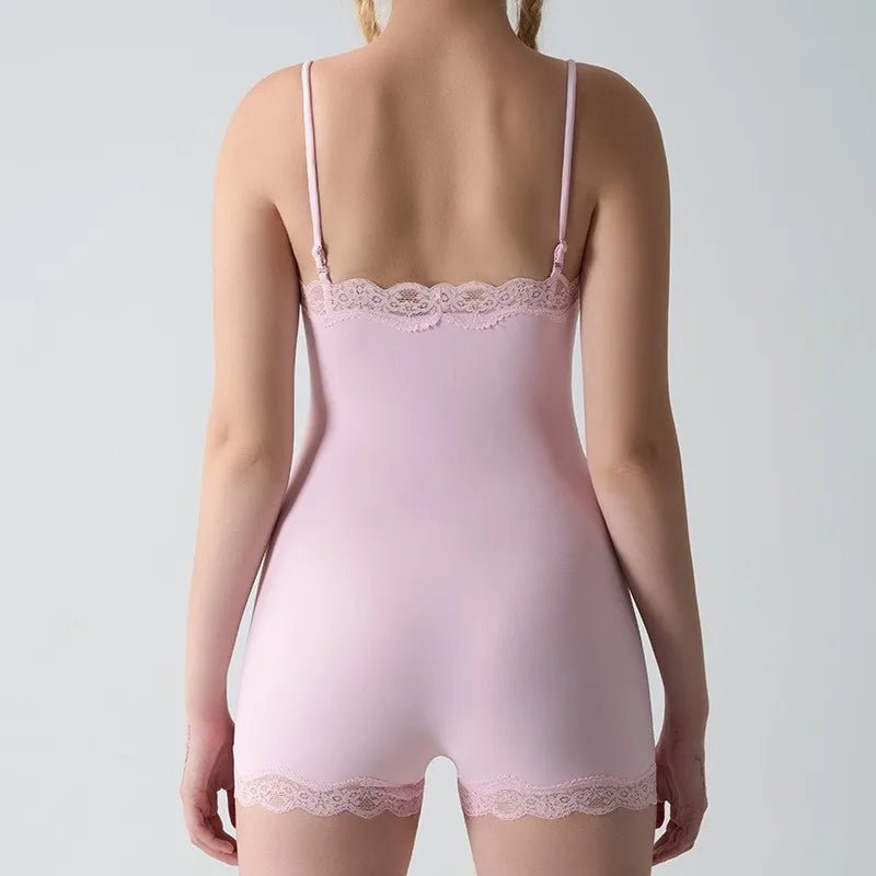 New Women's Sexy Square Neck Lace Panel Bodysuit Sleeveless Spaghetti Strap Jumpsuit Solid Color Slim Bodycon Rompers Tank Tops