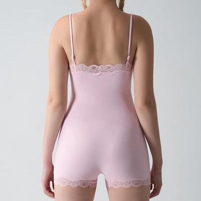 New Women's Sexy Square Neck Lace Panel Bodysuit Sleeveless Spaghetti Strap Jumpsuit Solid Color Slim Bodycon Rompers Tank Tops
