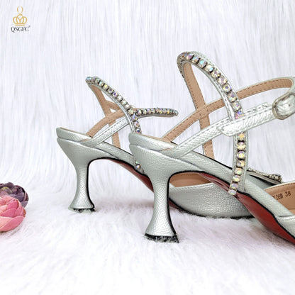 QSGFC High Quality Women's Pumps And Bag Silver Color Full Of Rhinestones High-Grade Materials For Nigerian Wedding Party