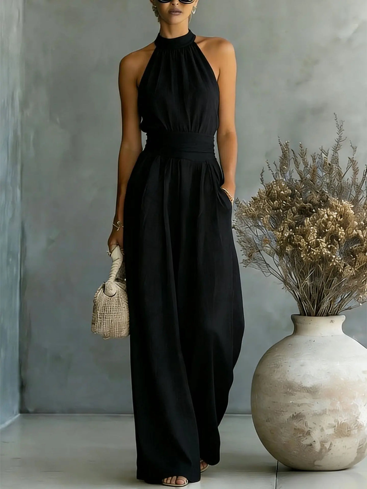 Women Solid Textured Fabric Jumpsuit Halter Sleeveless Open Shoulder Elastic Smocked Cinched Waist  Pockets Wide Leg Romper