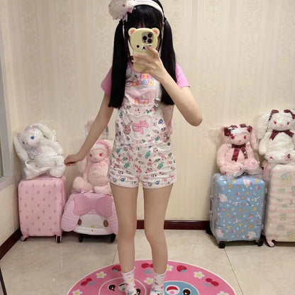 Japanese Cartoon Mp Embroidery Cute Core Daughter Clothing Sweet Girl Strap Shorts Summer New Rompers Womens Y2k Jumpsuit