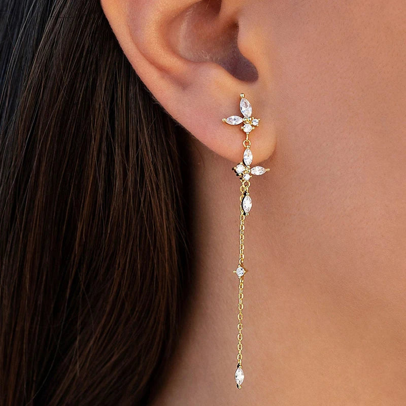 925 Sterling Silver Needle Long Chain Stud Earrings For Women Exquisite Zircon Geometric Tassel Pendant Earrings Luxury Jewelry