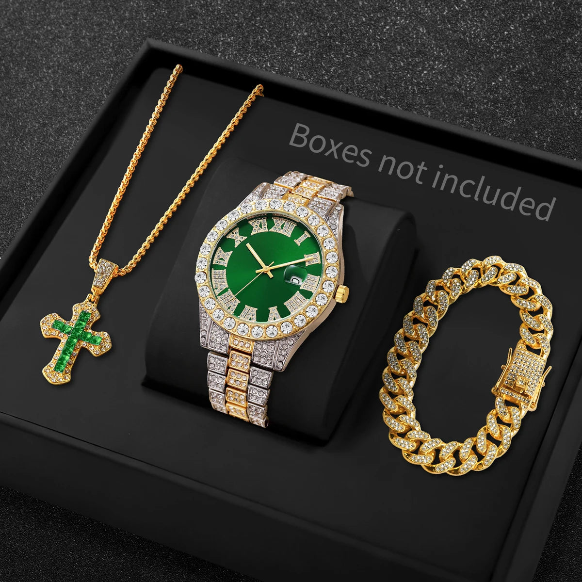Men Iced Watch Set Red Crystal Cross Necklace Diamond Cuban Bracelet