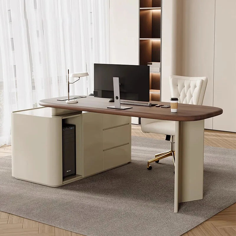 French cream wind book table and chair combination retro walnut solid wood with cabinet light luxury computer desk medical beaut
