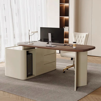 French cream wind book table and chair combination retro walnut solid wood with cabinet light luxury computer desk medical beaut