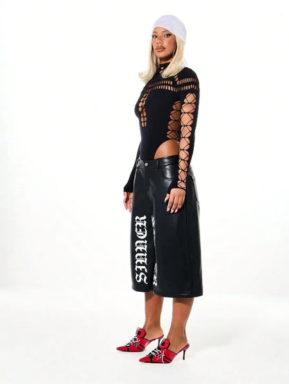 FHSEER SummerWomen's Y2K Sexy Bodysuit High Neck Bodycon Front Cutout & Lace-up Mesh Sleeve Stretchy Edggy Clubwear Streetwear