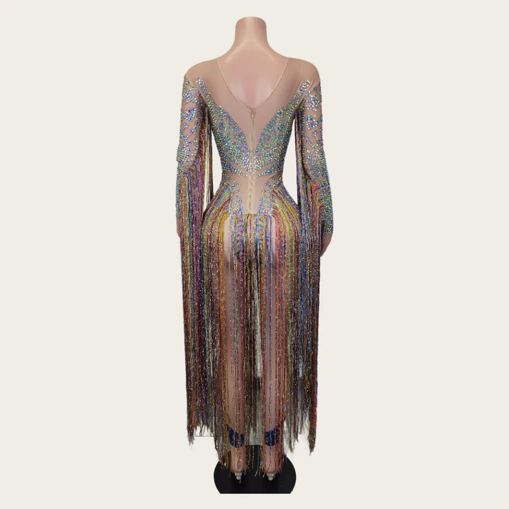 Fashion Rhinestone Tassel Rompers Women One Piece Jumpsuits Sexy Women Party Prom Stage Performance Dance Leotard Club Bodysuits