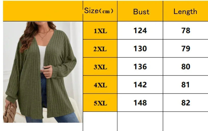 Autumn and Winter  Plus Size Women's 1XL-5XL Solid Color Loose Cardigan Top Women's Long Sleeved Knitted Jacket