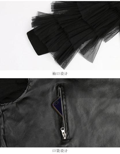 Nerazzurri Spring Autumn Loose Black Faux Leather Jacket Women with Lace Long Sleeves Zipper Belt Luxury Elegant Fashion 2022
