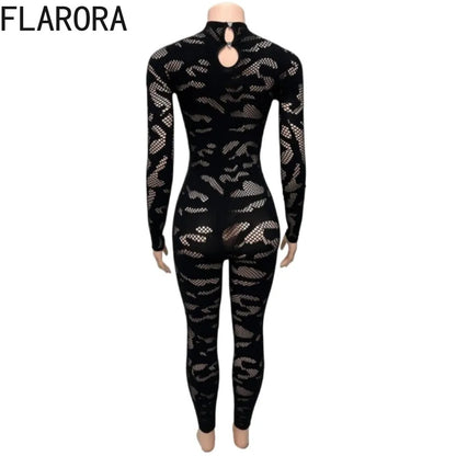 FLARORA Sexy Lace See Through Patchwork Jumpsuits Woman Round Neck Full Sleeve Bodycon Peach Hip Hottie Stretch Street Clubwear