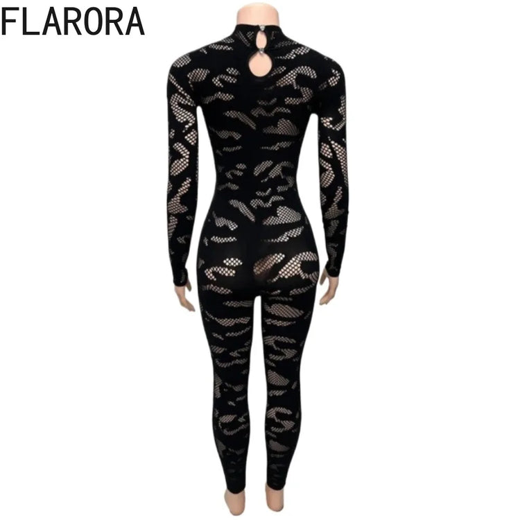 FLARORA Sexy Lace See Through Patchwork Jumpsuits Woman Round Neck Full Sleeve Bodycon Peach Hip Hottie Stretch Street Clubwear