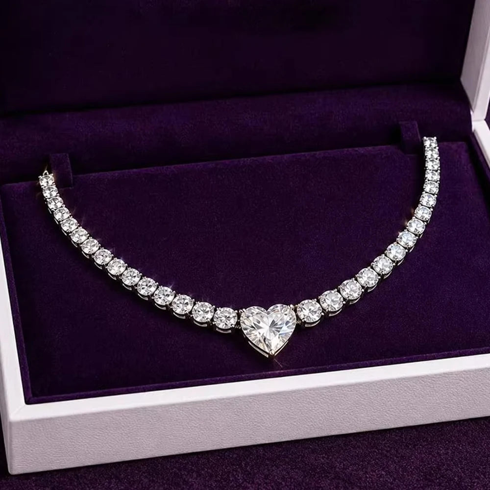 All Moissanite Tennis Necklace for Women Men Sparkling D Color 1ct Heart Cut Pendant Necklace S925 Sterling Silver Chain Jewelry