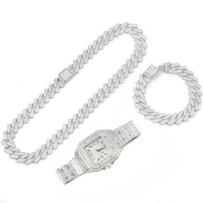 3pcs Men's Watch Set Hip-hop Punk Inlay Diamond Square Watch+Cuban Chain+Bracelet Comes With Strap Adjuster Stylish Jewelry Gift