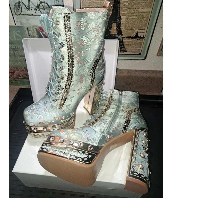 Embroidered Platform Lace-Up Chunky Heel Ankle Boots Woman Winter 2026 Floral Brocade Rhinestone High Heels Fashion Party Shoes