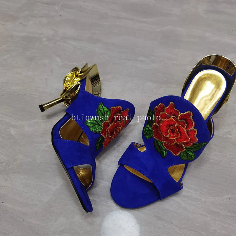 Luxury Flower Sandals Woman Open Toe Gold Strange High Heel Shoes Lady Sexy Mules Slippers