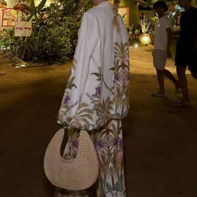 Casual Off Shoulder Sling Top+Coat+Pants Three Piece Set New Spring Summer Holiday Women's Suit Elegant Printed Straight Outfit