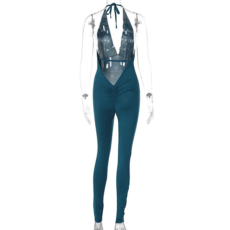 DGLUKE Halter Neck Backless Sexy Bodysuit Jumpsuits For Women Deep V-Neck Push Up Sports Jumpsuit Overalls Tight Summer Playsuit