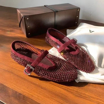 2026 New Model~ Fishnet Rhinestone Ballet Flat Mary Jane Women's Shoes with Hollowed-Out Strap