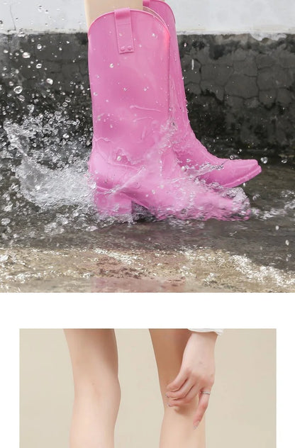 FHC Chunky High Heels Rain Boots,Women's Waterproof Mid Calf Botas,Kitchen Work Shoes,Cowboy Booties,Black,PInk,Red,Dropship