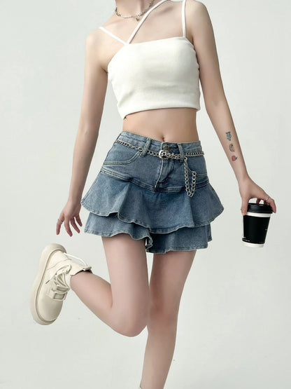 Spice Girls Denim Skirt Anti-Slip Double Denim Skirt Women's Stretch High-Waisted Slimming A-Line Cake Skirt