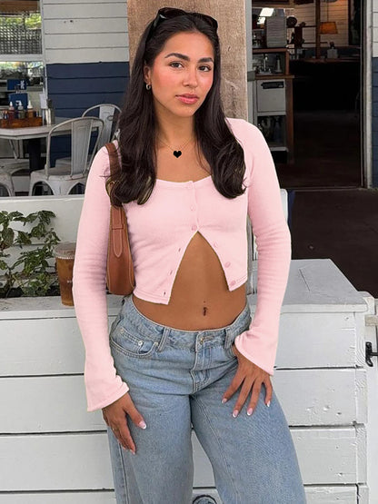 Hugcitar Fashion Square Collar Solid Long Flare Sleeve Buttons Sexy Crop T-Shirt Top Fall Women Outfit Streetwear Party Festival