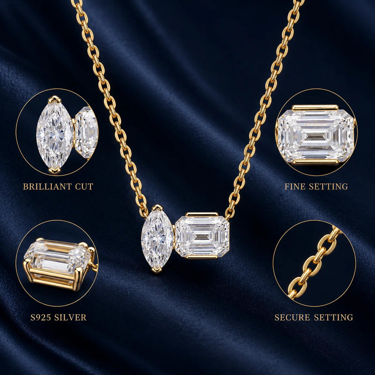 Moissanite Toi et Moi Necklace for Women S925 Sterling Silver 18K Yellow Gold Plated Marquise Emerald Cut Two Stone D Color VVS1