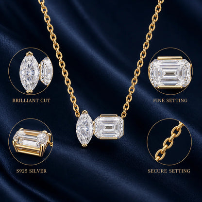 Moissanite Toi et Moi Necklace for Women S925 Sterling Silver 18K Yellow Gold Plated Marquise Emerald Cut Two Stone D Color VVS1
