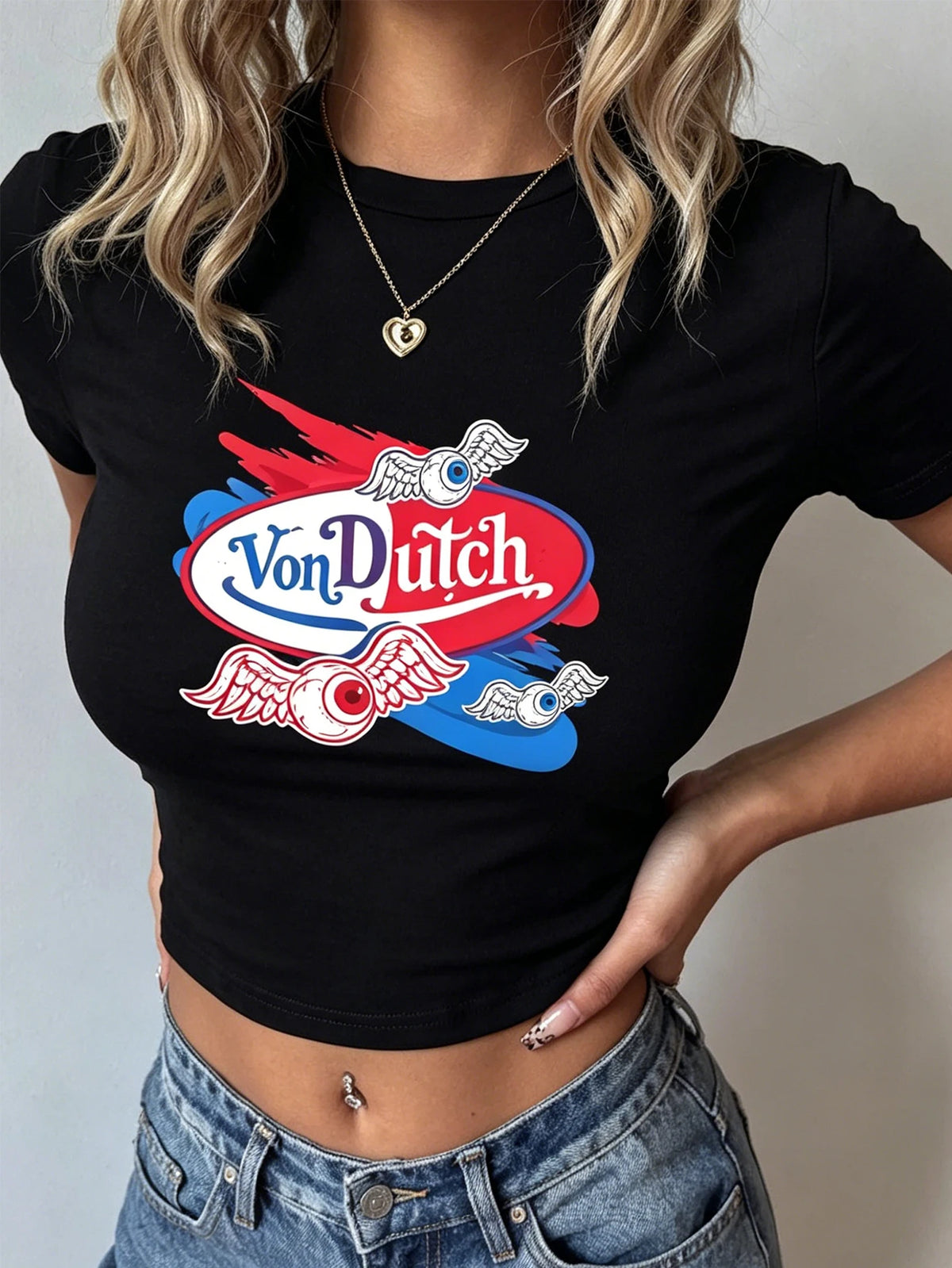 Women's Y2K Vintage Street Style Von Dutch Wing-Eye Print Fitted Short-Sleeved Short Dress