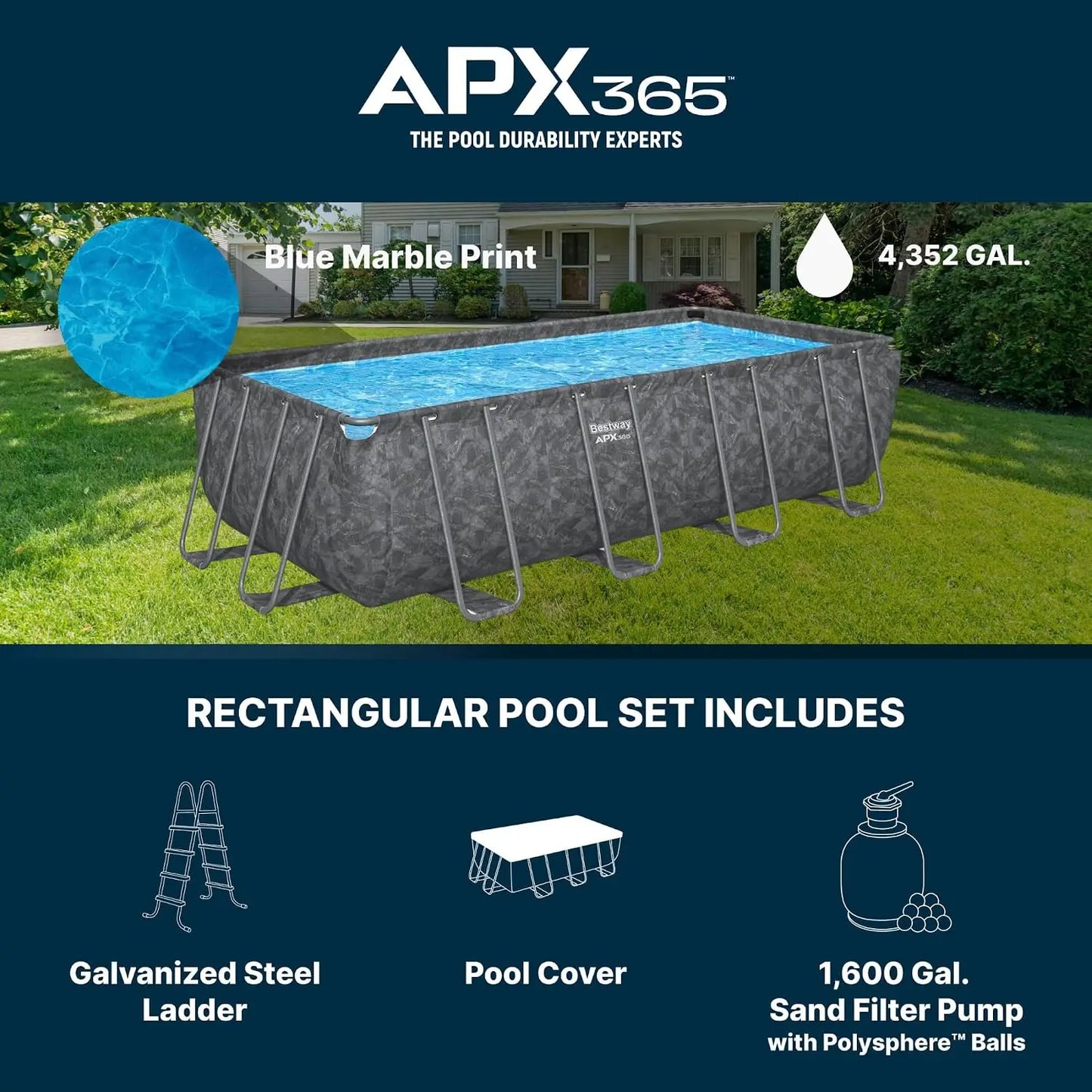 APX 365 18' x 9' x 52" Above Ground Pool, Rectangular Metal Frame Outdoor Swimming Pool Set with Sand Filter Pump,, Customized