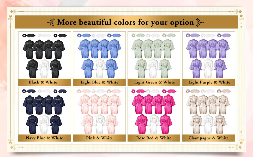 7 Pcs Bridesmaid Robe Sets Bride Silk Satin Bridal Party with Sleeping Eye Mask and Elastic Headband