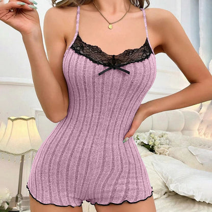 Comfortable Bodysuit Womens Onesies Summer Pajamas Sleepwear Back Butterfly Embroidery Lace Splicing Loungerwear