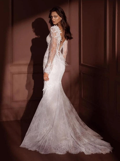 Beaded Wedding Dresses Lace Appliques Backless Lace Up Mermaid Full Sleeve Bride Gowns Luxury vestido de noiva 2026 Customized