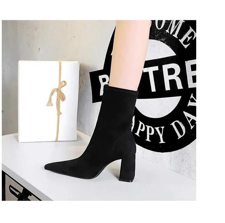 BIGTREE Shoes High Heel Boots Suede Women Ankle Boots Pointed Toe Socks Boots Thick Heel Women Shoes Warm Winter Boots Size 43