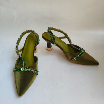 Insightlink Olive Green Rhinestone Chain Pointed Toe Heels Sparkly Crystal Ankle Strap Pumps Luxury Wedding Evening Shoes