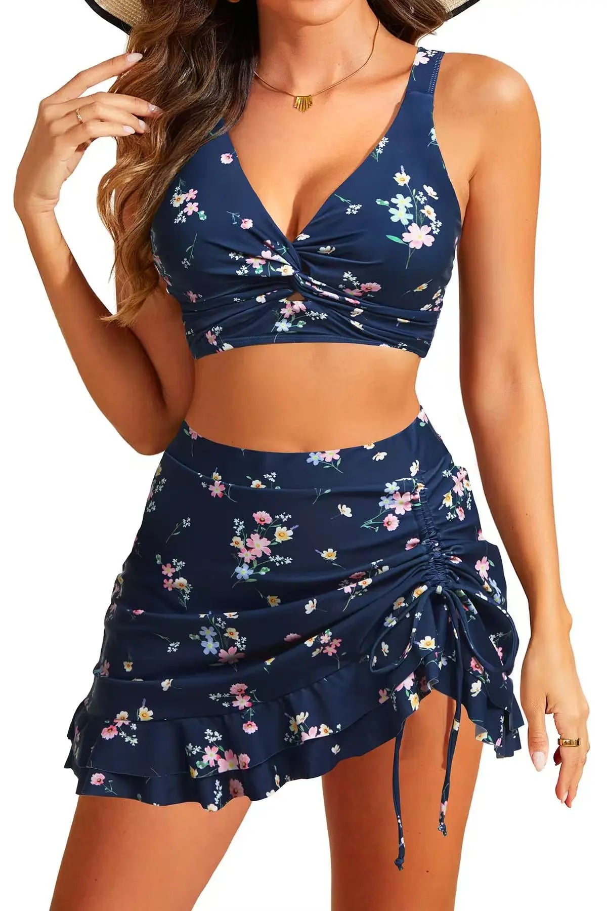2026 Printed Floral Swimsuit Women Two Pieces Beach Skirt Halter Swimwear Female Bathers Bathing Swimming Swim Suit Beachwear XL