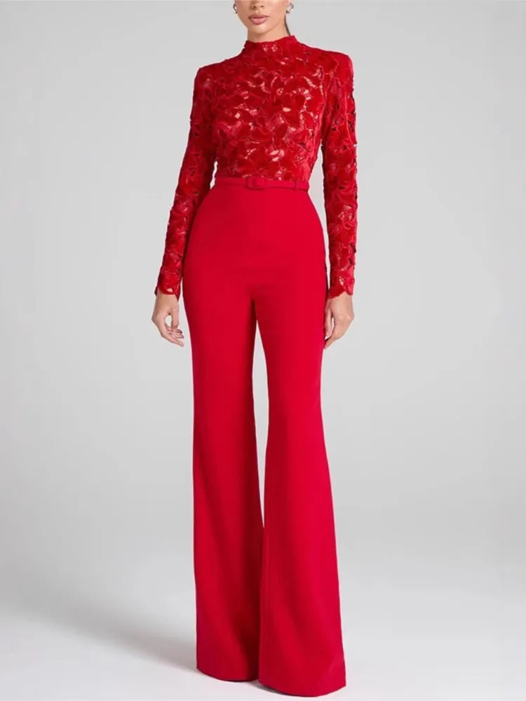 Autumn And Winter New Long-sleeved Belt High-waisted Casual One-piece Flared Trousers Women's Casual Loose Party Jumpsuits