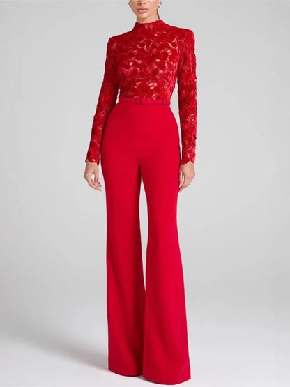 Autumn And Winter New Long-sleeved Belt High-waisted Casual One-piece Flared Trousers Women's Casual Loose Party Jumpsuits