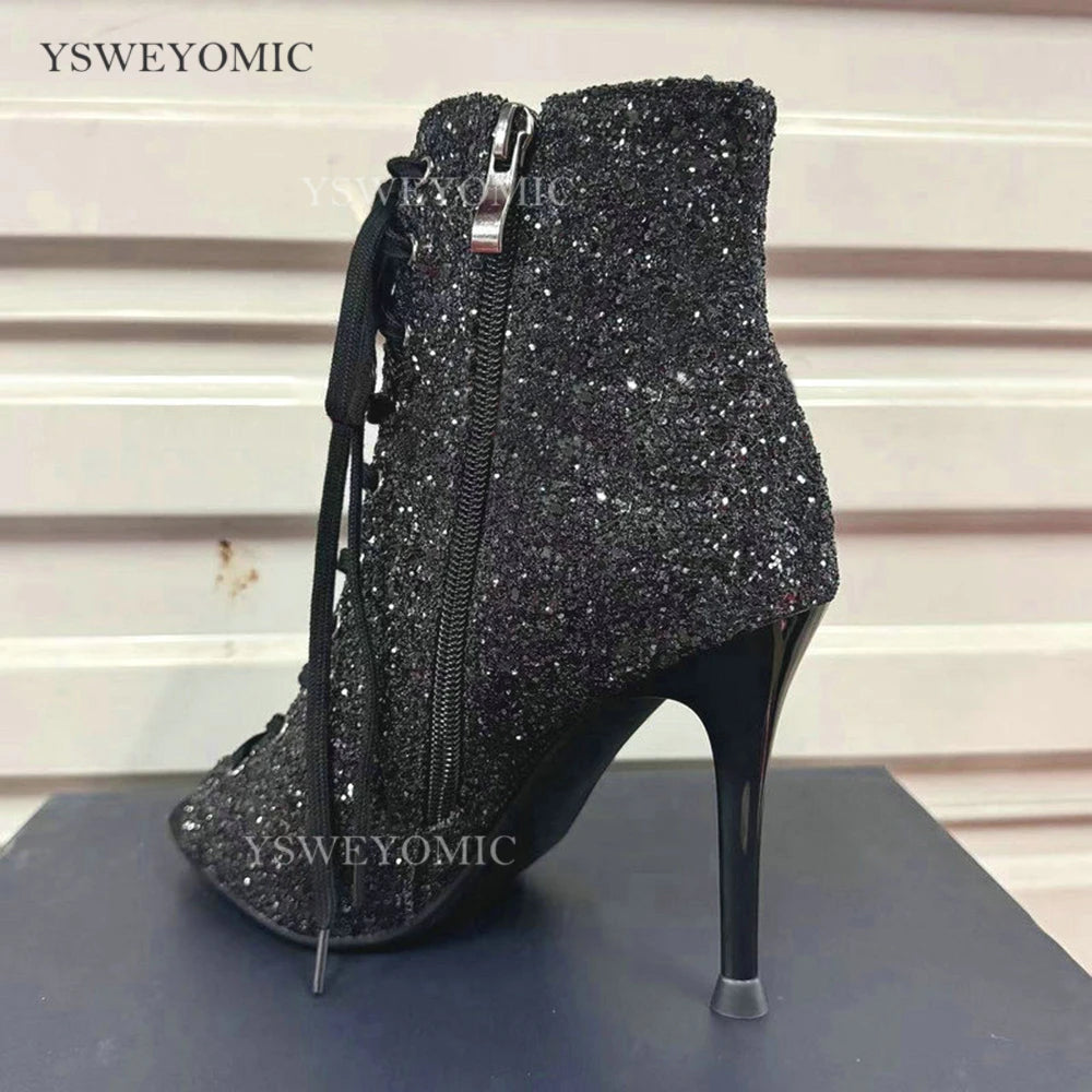 Dance Heels Champagne Black Sparkly Glitter Rubber Sole 10cm Professional High Heel Dance Shoes Salsa Women Dance Party Shoes