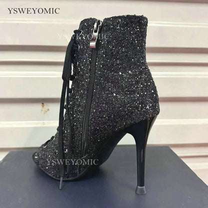 Dance Heels Champagne Black Sparkly Glitter Rubber Sole 10cm Professional High Heel Dance Shoes Salsa Women Dance Party Shoes