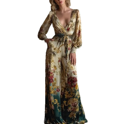 Women's Vintage Print Jumpsuits Fashion Sexy V-neck High Waist Leace-up Wide Legs Jumpsuit Lady Commuting Clothing 2026 New