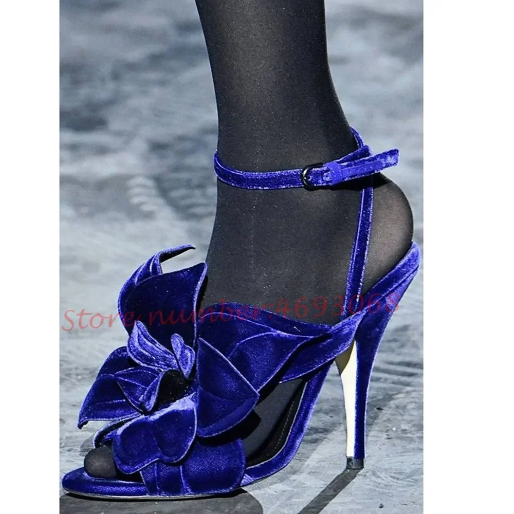 Purple Suede Flower Heels Sandals Women Elegant Pretty High Heels Party Luxury Sandals Runway Female Ankle Wrap Large Size Shoes