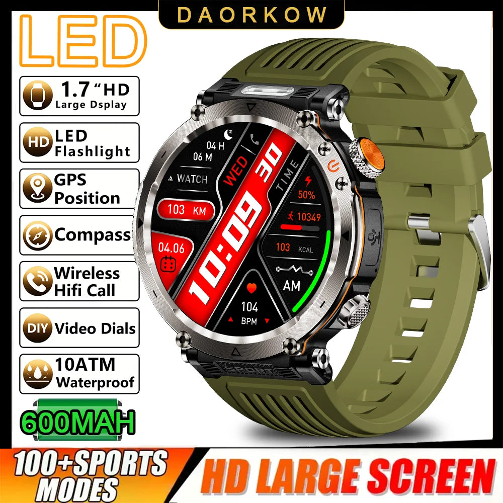 DAORKOW 2026 New Model 10ATM Waterproof 600mAh Smartwatch Compass LED Flashlight Bluetooth Call Outdoor Sports Smartwatch