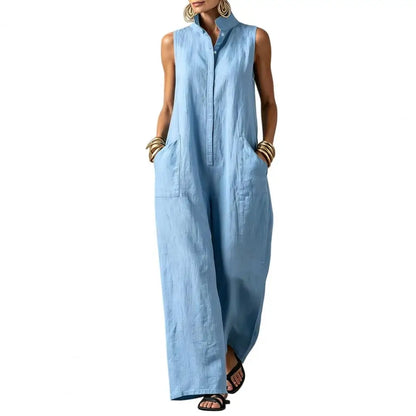 Elegant Women's Sleeveless Linen Blend Jumpsuit Button Down Collared Romper Casual Loose Summer Beach Vacation Boho Jumpsuits
