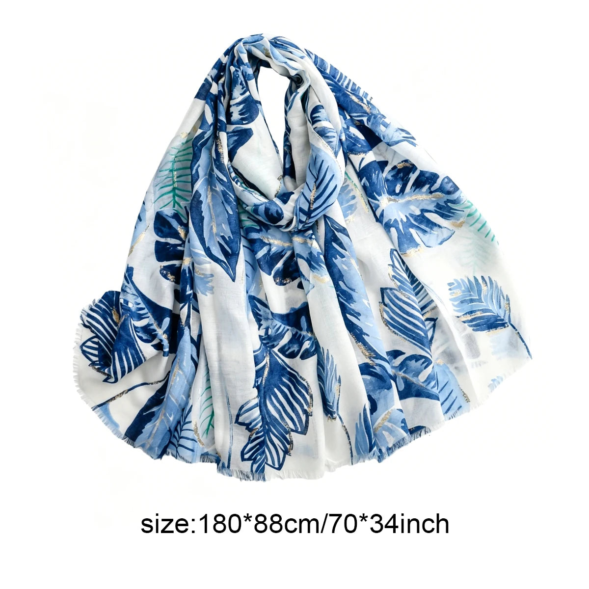 Women's Blue Tropical Leaf Printed Scarf, Lightweight Raw Edge Shawl with Gold Line Decor, 180x88cm Fashion Neck Wrap for Daily