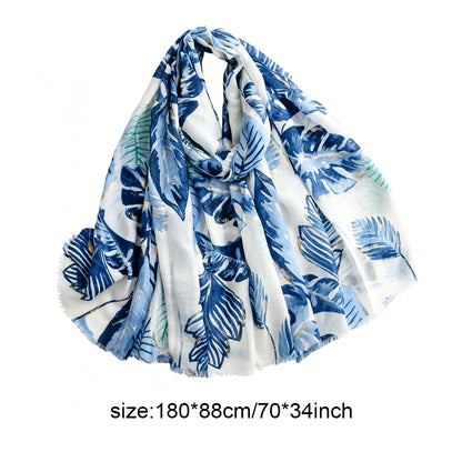 Women's Blue Tropical Leaf Printed Scarf, Lightweight Raw Edge Shawl with Gold Line Decor, 180x88cm Fashion Neck Wrap for Daily